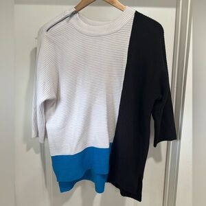 Colorblock Ribbed Knit Sweater in Black, White, and Blue